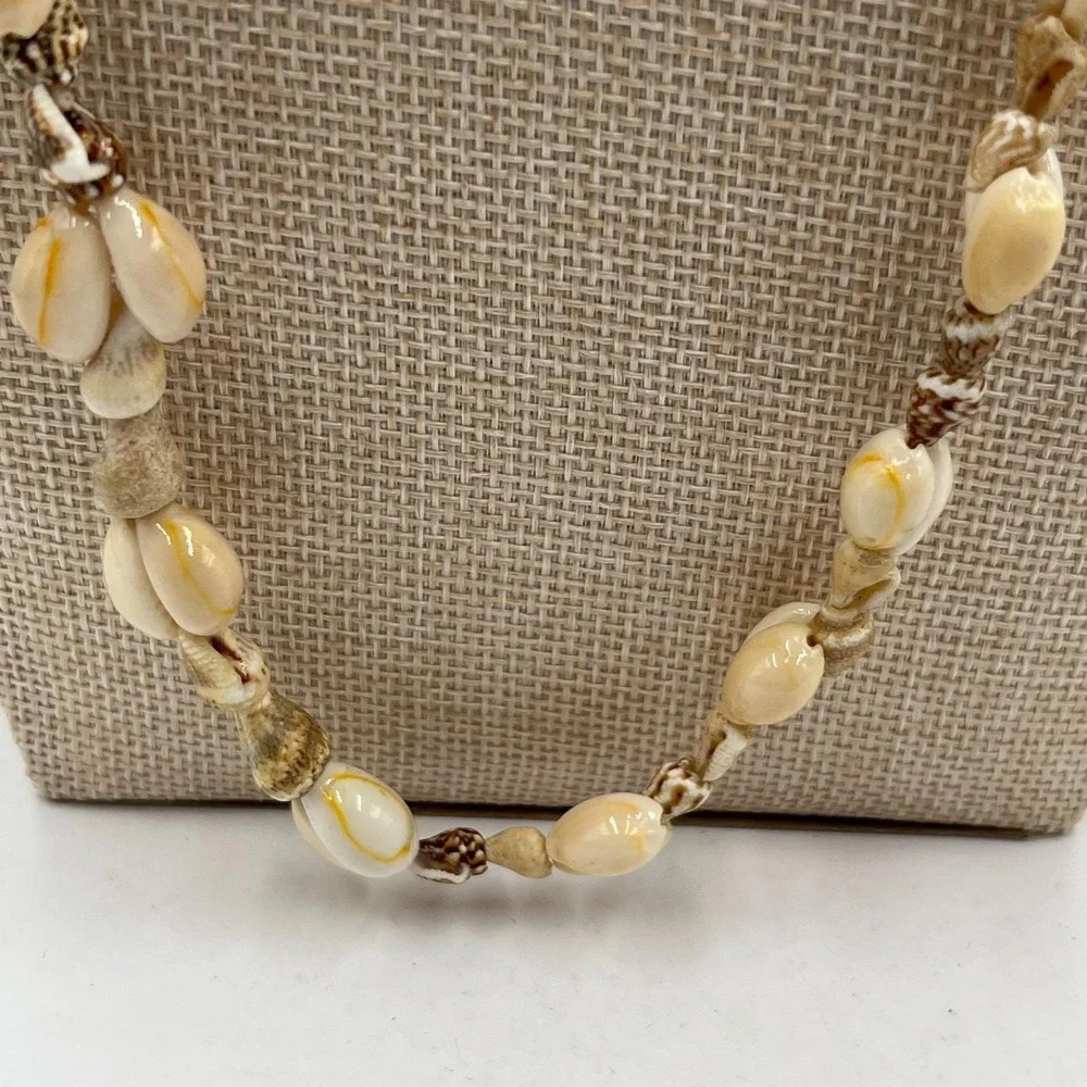 Vintage Off White Cowrie Shell Strand Necklace Long Hawaiian Beach Boho Tropical